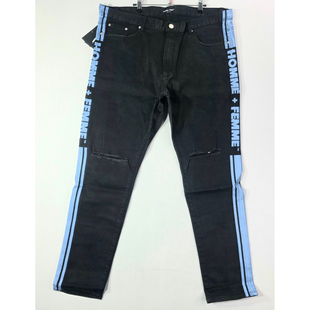 Homme + Femme Mens Jeans 44x32 Black Blue Logo Stripe Distressed NWT